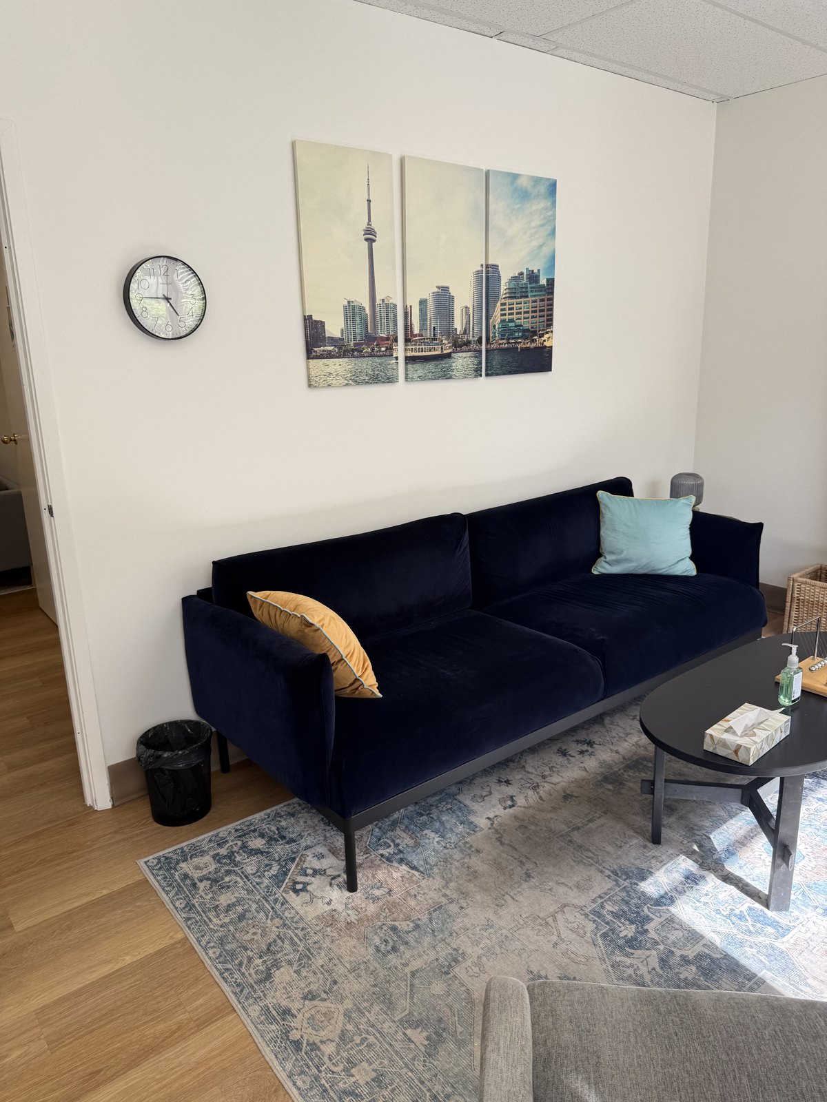Toronto counselling room with a navy velvet sofa, soft cushions and Toronto skyline artwork